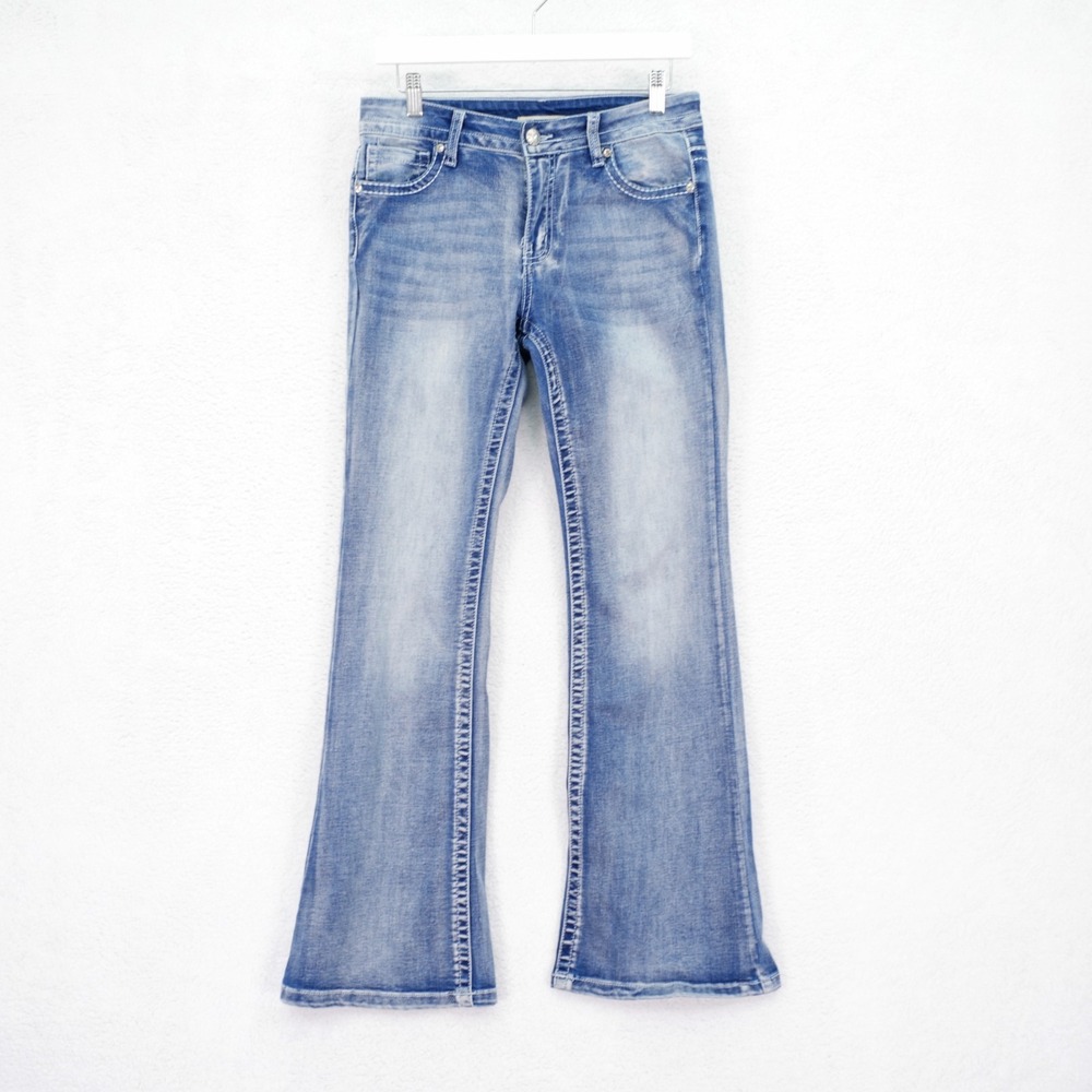 Love Soho Women's Bootcut Denim Blue Jeans Stone Wash Whisker Mid Rise 29 / 31